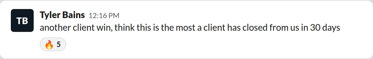 Slack screenshot from PaintLaunch's client success channel: The most a client has closed from PaintLaunch in 30 days, June 2026