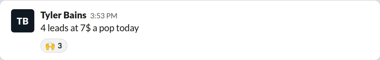 Slack screenshot from PaintLaunch's client success channel: 4 leads at $7 a pop in a single day, October 2025