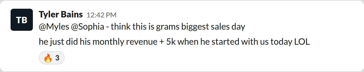 Slack screenshot from PaintLaunch's client success channel: Gram's biggest sales day since joining, October 2025
