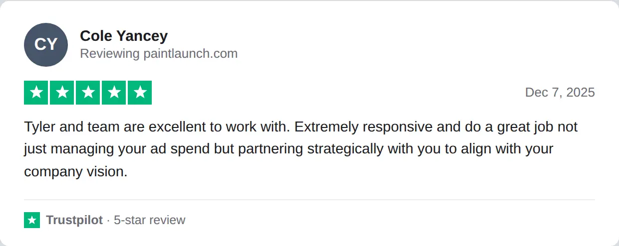 Screenshot of a 5-star Trustpilot review of PaintLaunch by Cole Yancey, Dec 7, 2025