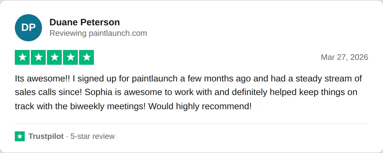 Screenshot of a 5-star Trustpilot review of PaintLaunch by Duane Peterson, Mar 27, 2026