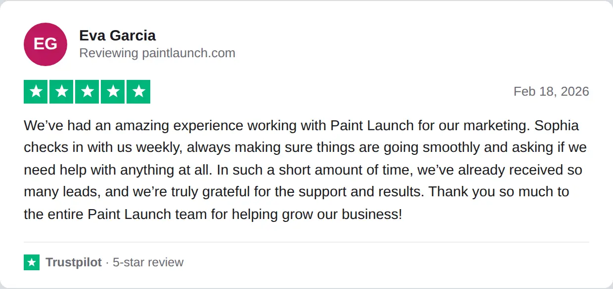 Screenshot of a 5-star Trustpilot review of PaintLaunch by Eva Garcia, Feb 18, 2026