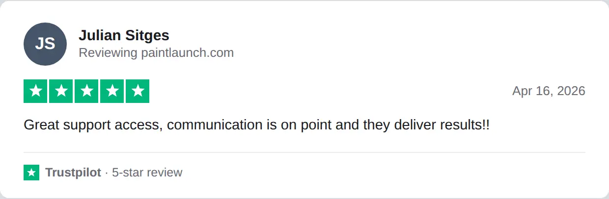 Screenshot of a 5-star Trustpilot review of PaintLaunch by Julian Sitges, Apr 16, 2026