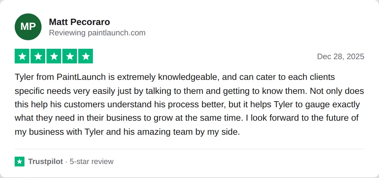 Screenshot of a 5-star Trustpilot review of PaintLaunch by Matt Pecoraro, Dec 28, 2025