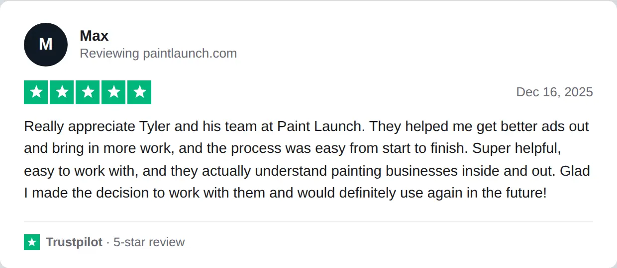 Screenshot of a 5-star Trustpilot review of PaintLaunch by Max, Dec 16, 2025