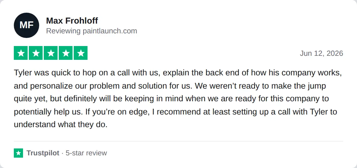 Screenshot of a 5-star Trustpilot review of PaintLaunch by Max Frohloff, Jun 12, 2026