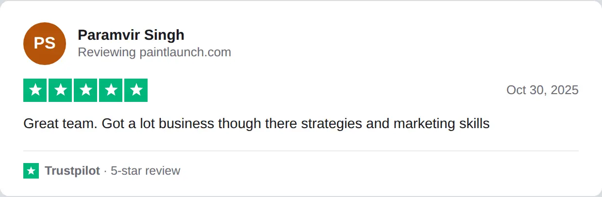 Screenshot of a 5-star Trustpilot review of PaintLaunch by Paramvir Singh, Oct 30, 2025