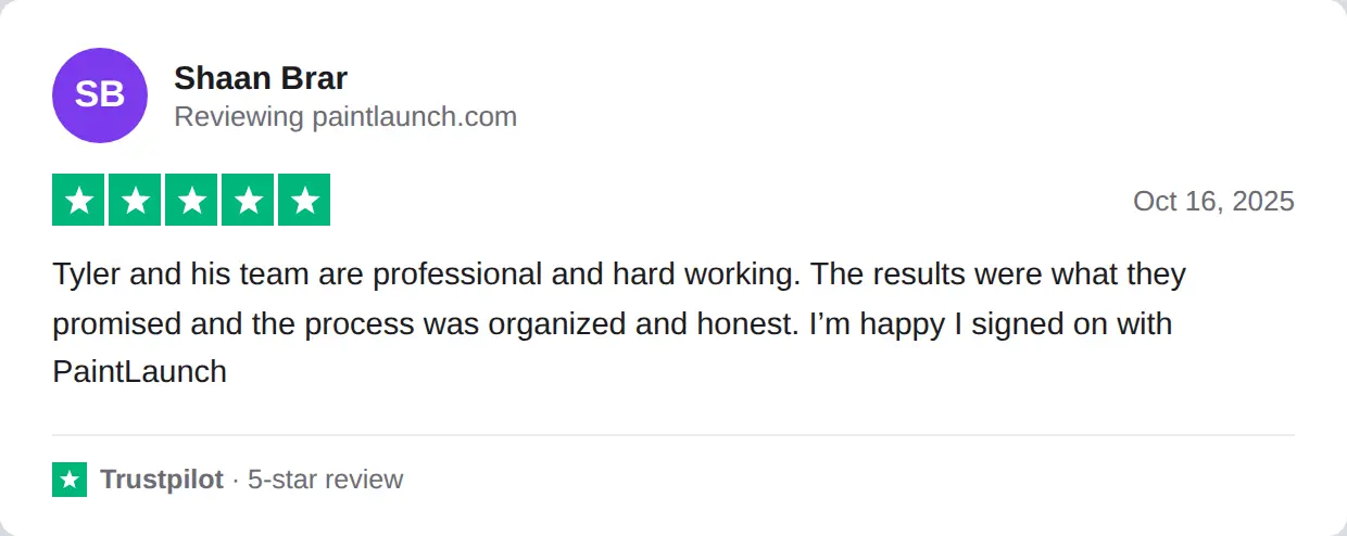 Screenshot of a 5-star Trustpilot review of PaintLaunch by Shaan Brar, Oct 16, 2025