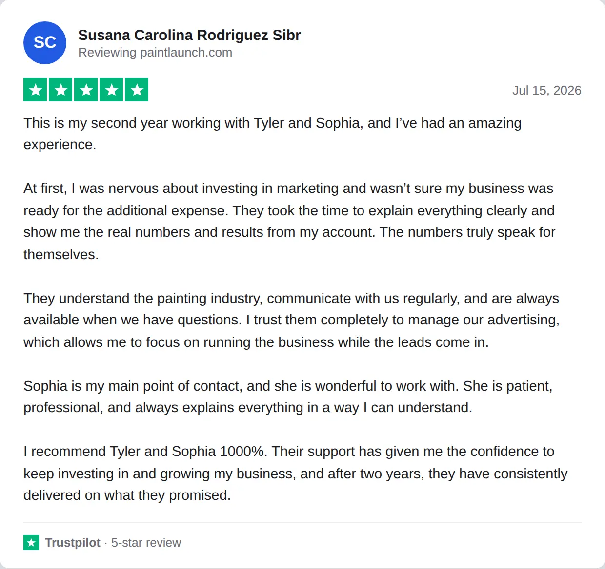 Screenshot of a 5-star Trustpilot review of PaintLaunch by Susana Carolina Rodriguez Sibr, Jul 15, 2026
