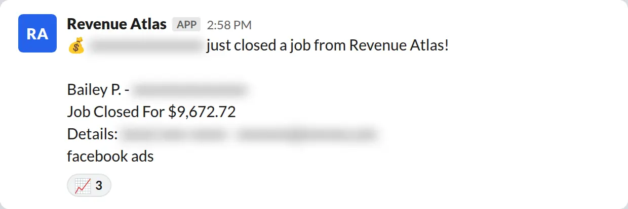 Slack screenshot: Revenue Atlas bot posts a $9,673 closed job from a PaintLaunch client, February 2026. Company name blurred for privacy.