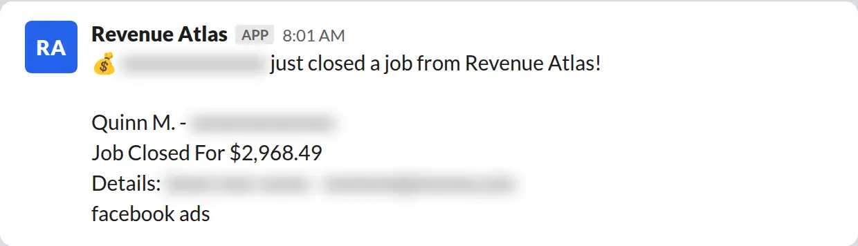 Slack screenshot: Revenue Atlas bot posts a $2,968 closed job from a PaintLaunch client, February 2026. Company name blurred for privacy.