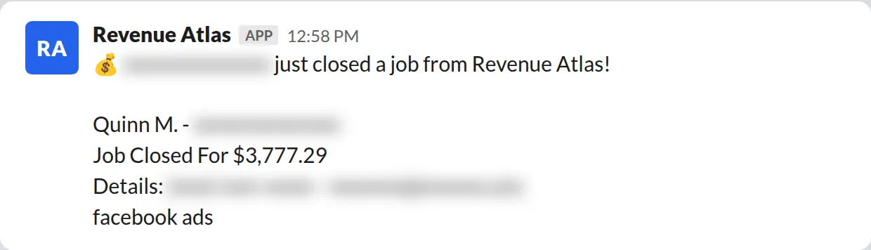 Slack screenshot: Revenue Atlas bot posts a $3,777 closed job from a PaintLaunch client, February 2026. Company name blurred for privacy.