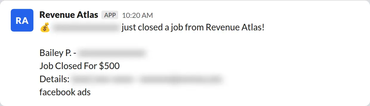 Slack screenshot: Revenue Atlas bot posts a $500 closed job from a PaintLaunch client, February 2026. Company name blurred for privacy.
