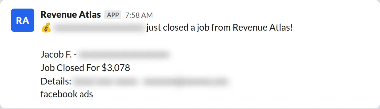 Slack screenshot: Revenue Atlas bot posts a $3,078 closed job from a PaintLaunch client, February 2026. Company name blurred for privacy.