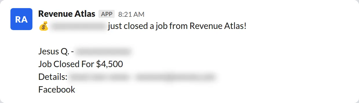 Slack screenshot: Revenue Atlas bot posts a $4,500 closed job from a PaintLaunch client, February 2026. Company name blurred for privacy.