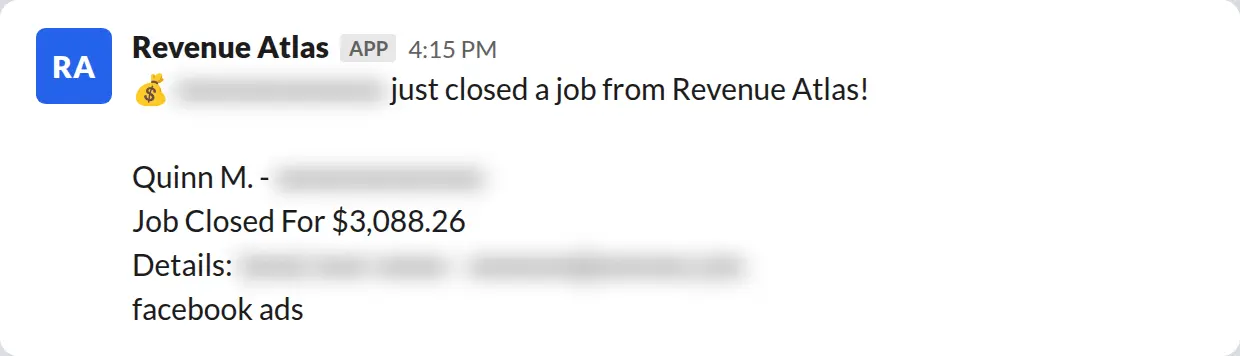 Slack screenshot: Revenue Atlas bot posts a $3,088 closed job from a PaintLaunch client, February 2026. Company name blurred for privacy.