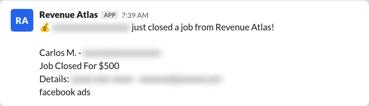 Slack screenshot: Revenue Atlas bot posts a $500 closed job from a PaintLaunch client, February 2026. Company name blurred for privacy.