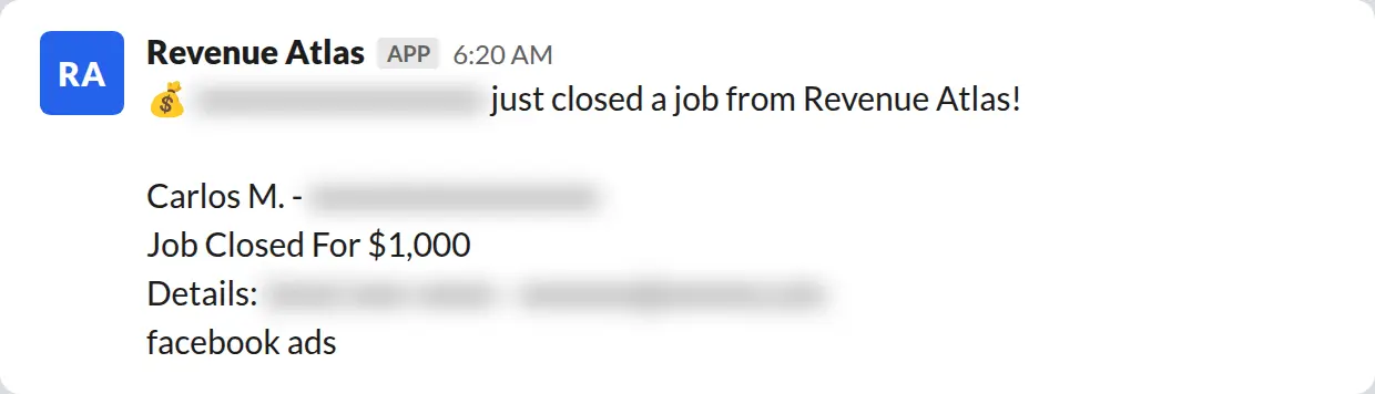 Slack screenshot: Revenue Atlas bot posts a $1,000 closed job from a PaintLaunch client, February 2026. Company name blurred for privacy.