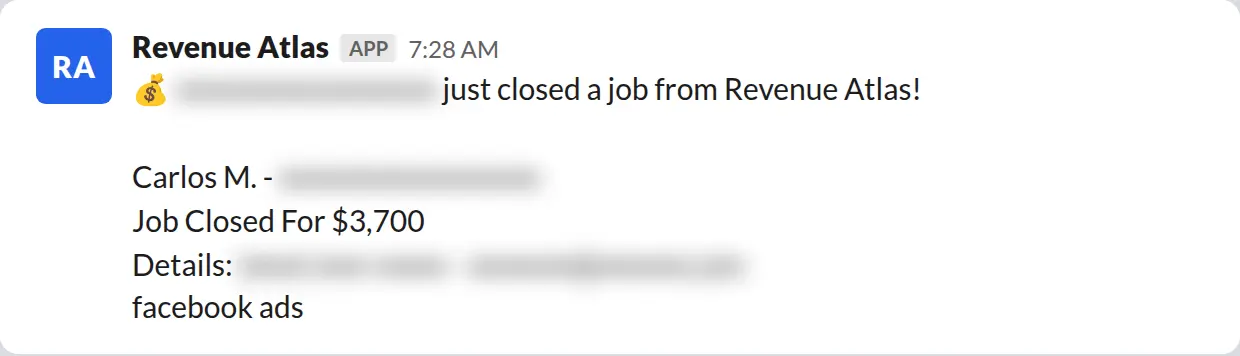 Slack screenshot: Revenue Atlas bot posts a $3,700 closed job from a PaintLaunch client, February 2026. Company name blurred for privacy.