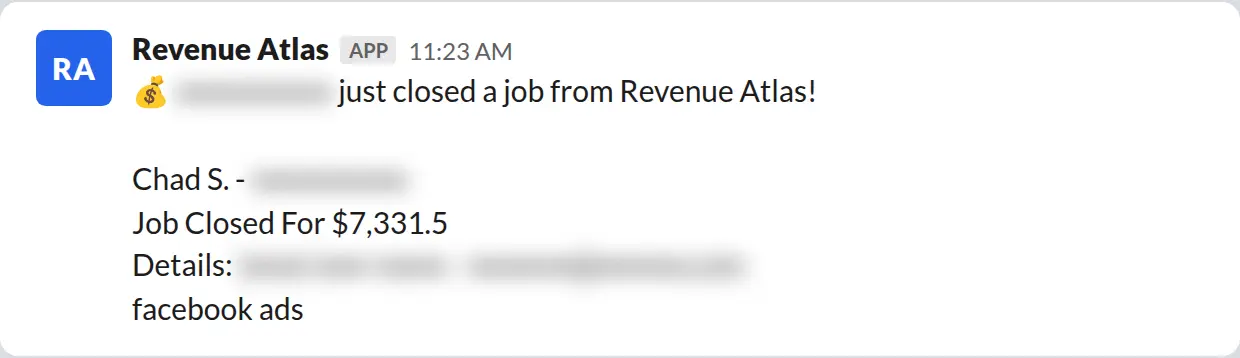Slack screenshot: Revenue Atlas bot posts a $7,332 closed job from a PaintLaunch client, February 2026. Company name blurred for privacy.