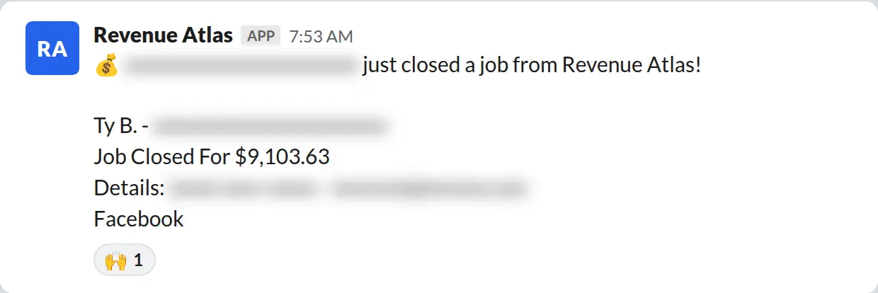 Slack screenshot: Revenue Atlas bot posts a $9,104 closed job from a PaintLaunch client, February 2026. Company name blurred for privacy.