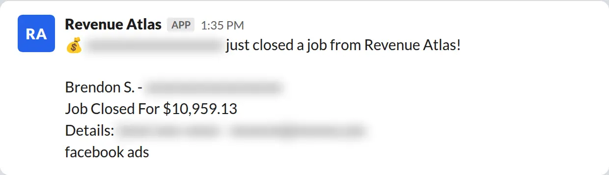 Slack screenshot: Revenue Atlas bot posts a $10,959 closed job from a PaintLaunch client, February 2026. Company name blurred for privacy.