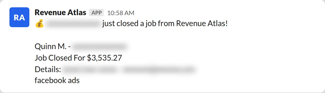 Slack screenshot: Revenue Atlas bot posts a $3,535 closed job from a PaintLaunch client, March 2026. Company name blurred for privacy.
