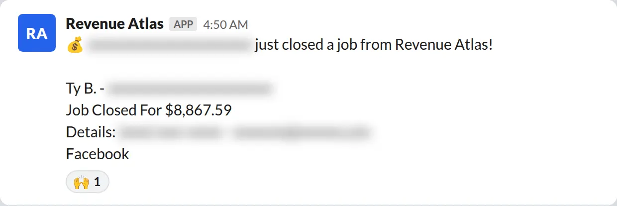 Slack screenshot: Revenue Atlas bot posts a $8,868 closed job from a PaintLaunch client, March 2026. Company name blurred for privacy.