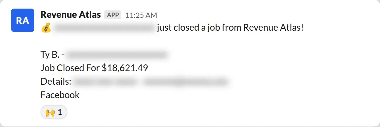 Slack screenshot: Revenue Atlas bot posts a $18,621 closed job from a PaintLaunch client, March 2026. Company name blurred for privacy.