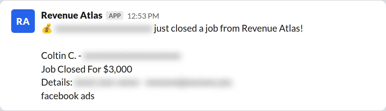 Slack screenshot: Revenue Atlas bot posts a $3,000 closed job from a PaintLaunch client, March 2026. Company name blurred for privacy.