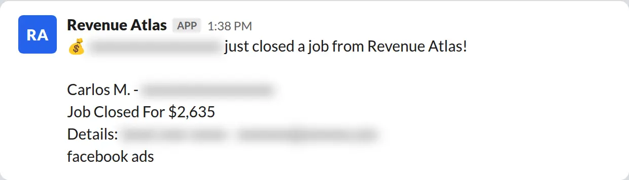 Slack screenshot: Revenue Atlas bot posts a $2,635 closed job from a PaintLaunch client, March 2026. Company name blurred for privacy.