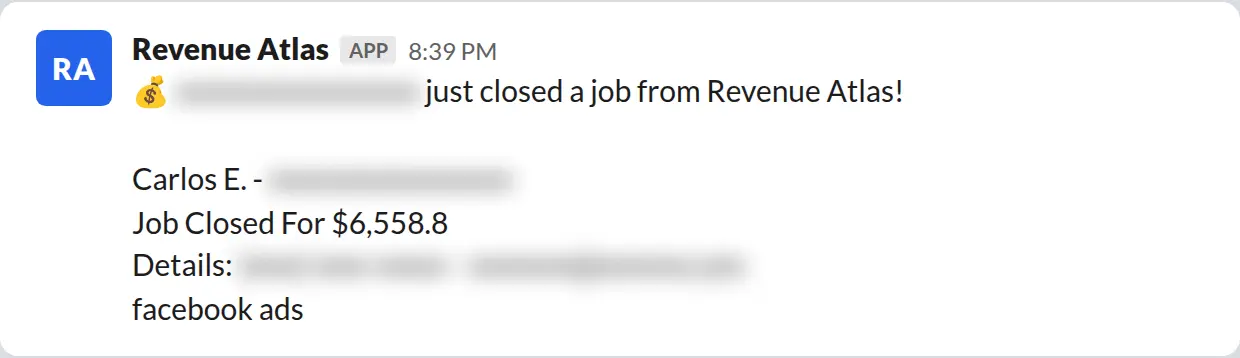 Slack screenshot: Revenue Atlas bot posts a $6,559 closed job from a PaintLaunch client, March 2026. Company name blurred for privacy.