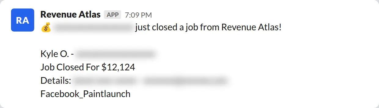 Slack screenshot: Revenue Atlas bot posts a $12,124 closed job from a PaintLaunch client, March 2026. Company name blurred for privacy.