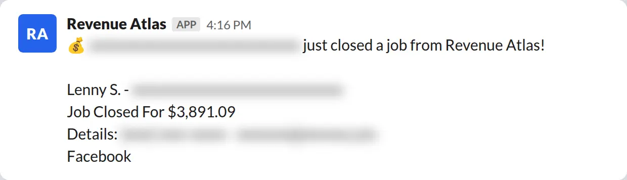 Slack screenshot: Revenue Atlas bot posts a $3,891 closed job from a PaintLaunch client, March 2026. Company name blurred for privacy.