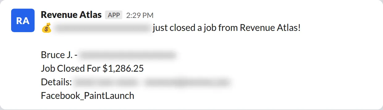 Slack screenshot: Revenue Atlas bot posts a $1,286 closed job from a PaintLaunch client, April 2026. Company name blurred for privacy.