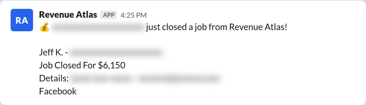 Slack screenshot: Revenue Atlas bot posts a $6,150 closed job from a PaintLaunch client, April 2026. Company name blurred for privacy.