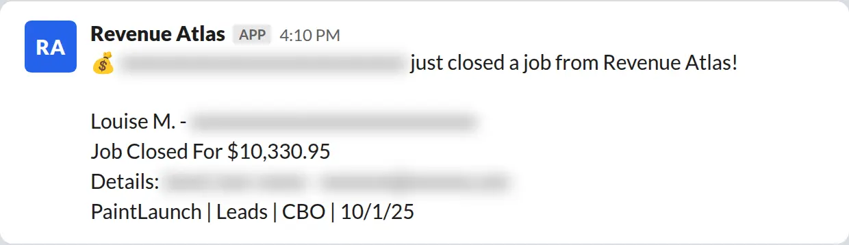 Slack screenshot: Revenue Atlas bot posts a $10,331 closed job from a PaintLaunch client, April 2026. Company name blurred for privacy.