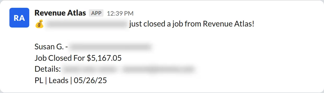 Slack screenshot: Revenue Atlas bot posts a $5,167 closed job from a PaintLaunch client, April 2026. Company name blurred for privacy.