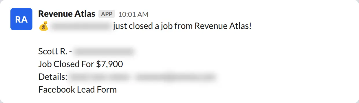 Slack screenshot: Revenue Atlas bot posts a $7,900 closed job from a PaintLaunch client, April 2026. Company name blurred for privacy.