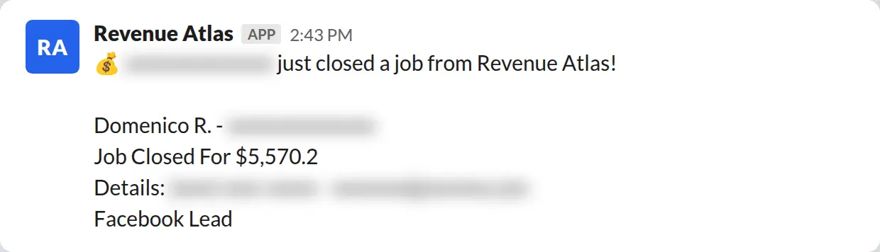Slack screenshot: Revenue Atlas bot posts a $5,570 closed job from a PaintLaunch client, April 2026. Company name blurred for privacy.
