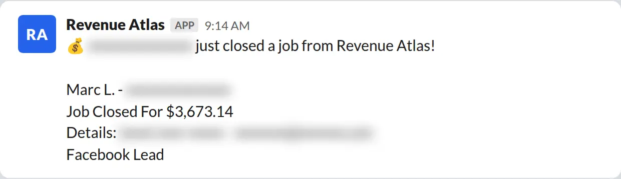 Slack screenshot: Revenue Atlas bot posts a $3,673 closed job from a PaintLaunch client, April 2026. Company name blurred for privacy.