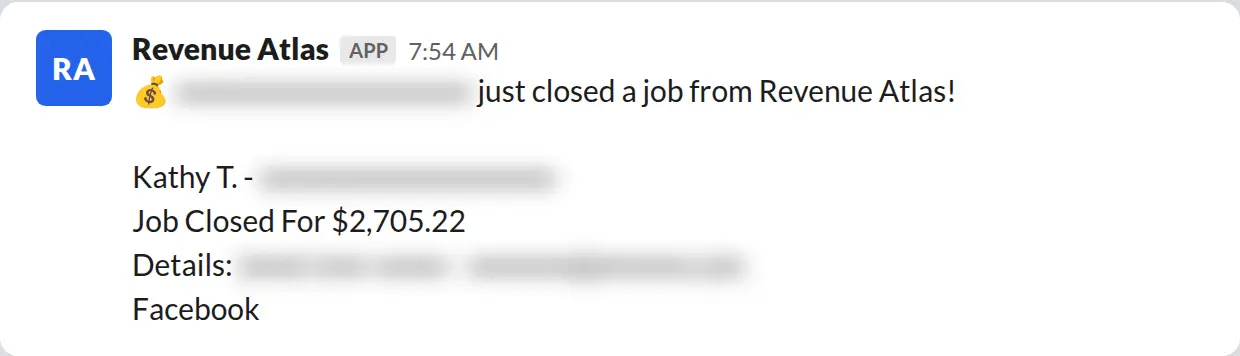 Slack screenshot: Revenue Atlas bot posts a $2,705 closed job from a PaintLaunch client, April 2026. Company name blurred for privacy.