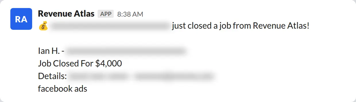 Slack screenshot: Revenue Atlas bot posts a $4,000 closed job from a PaintLaunch client, April 2026. Company name blurred for privacy.