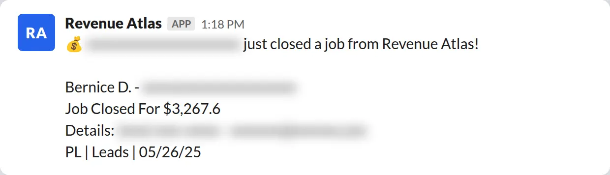 Slack screenshot: Revenue Atlas bot posts a $3,268 closed job from a PaintLaunch client, April 2026. Company name blurred for privacy.