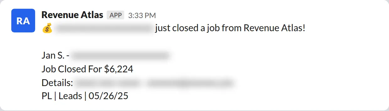 Slack screenshot: Revenue Atlas bot posts a $6,224 closed job from a PaintLaunch client, April 2026. Company name blurred for privacy.