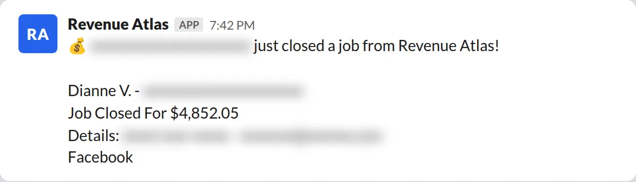 Slack screenshot: Revenue Atlas bot posts a $4,852 closed job from a PaintLaunch client, April 2026. Company name blurred for privacy.