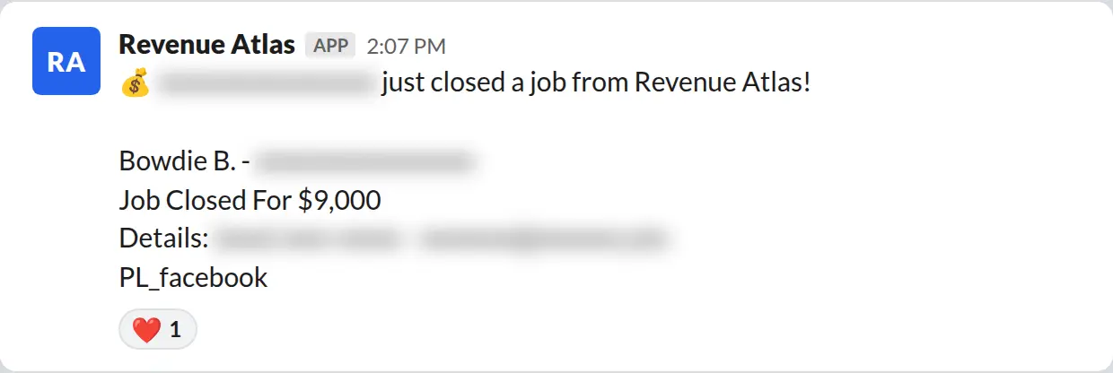 Slack screenshot: Revenue Atlas bot posts a $9,000 closed job from a PaintLaunch client, April 2026. Company name blurred for privacy.