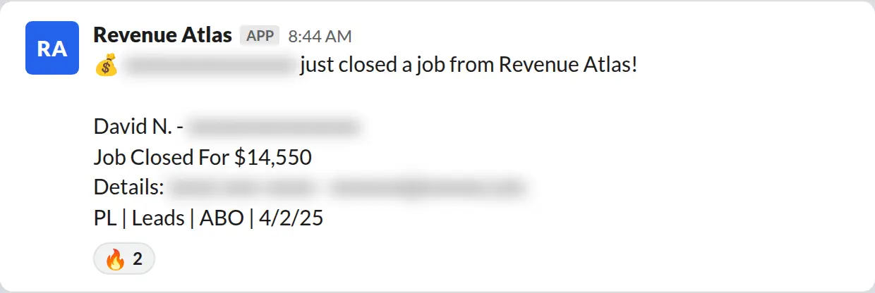 Slack screenshot: Revenue Atlas bot posts a $14,550 closed job from a PaintLaunch client, April 2026. Company name blurred for privacy.