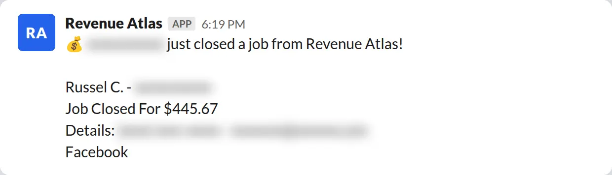 Slack screenshot: Revenue Atlas bot posts a $446 closed job from a PaintLaunch client, April 2026. Company name blurred for privacy.