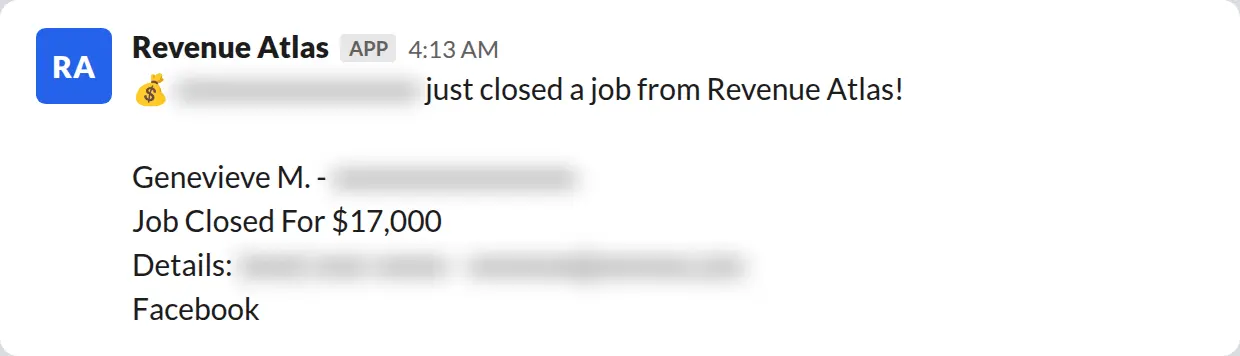 Slack screenshot: Revenue Atlas bot posts a $17,000 closed job from a PaintLaunch client, April 2026. Company name blurred for privacy.